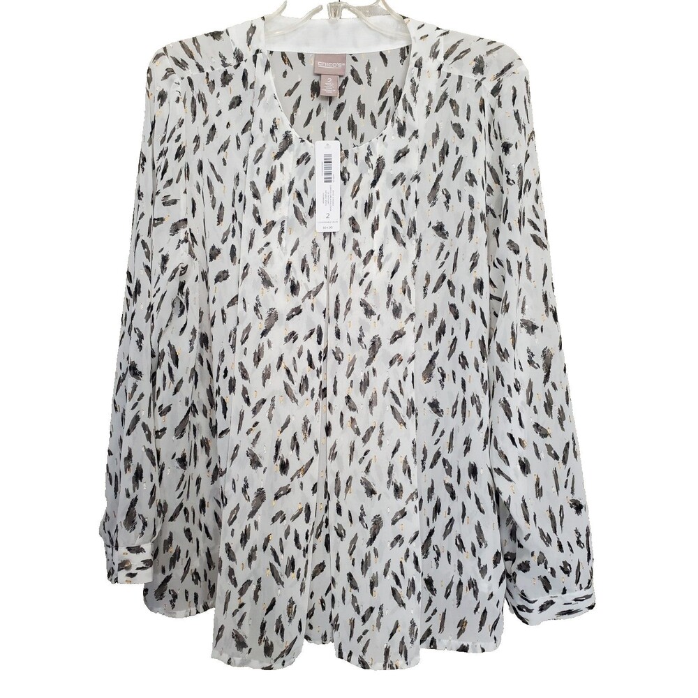 Chico's Semi-Sheer Artsy Strokes Clipped Lurex Layered Look Pleated Top 2(L) NWT